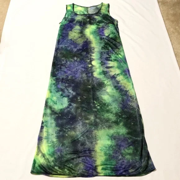 Vintage Green, Blue, Purple Tie Dye Sheer Maxi Tank Dress - Coverup, Rave Dress | Color: Green/Purple | Size: M | Penny_Cordova's Closet